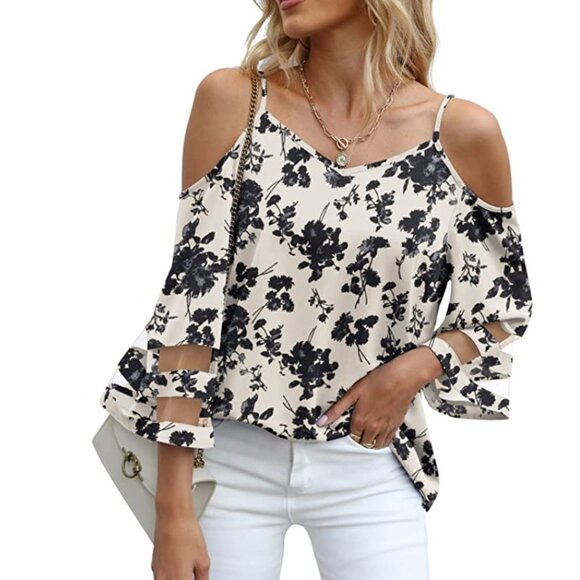 White Floral Printed Mesh Panel 3/4 Bell Sleeve Off Shoulder‎ Relaxed Top Blouse - Picture 1 of 6